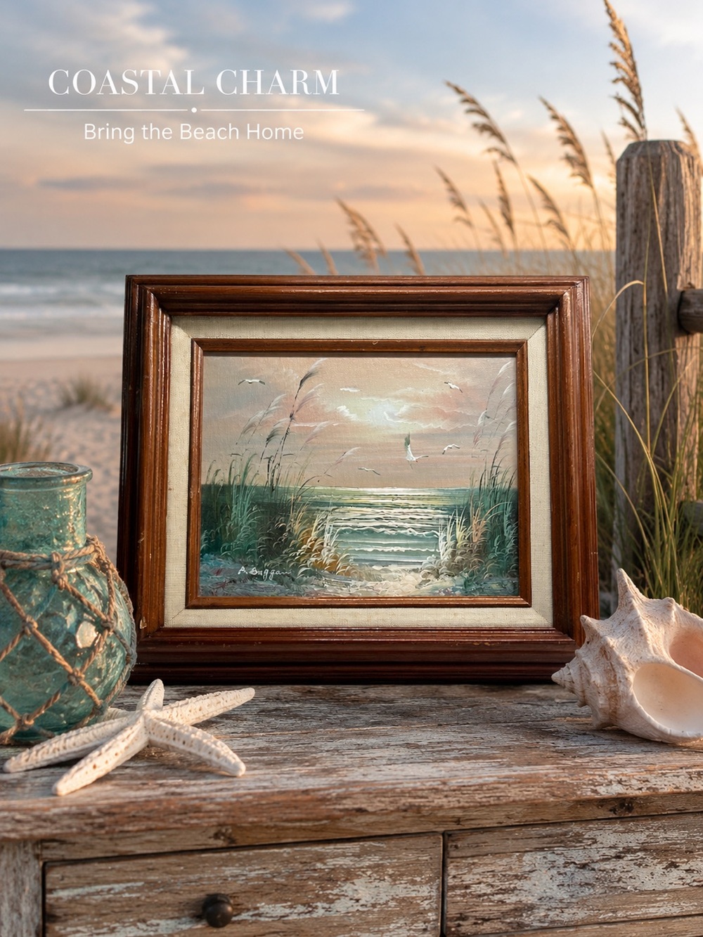 Vintage Coastal Seaside Sunset Oil Painting Signed by Artist B. Duggan
